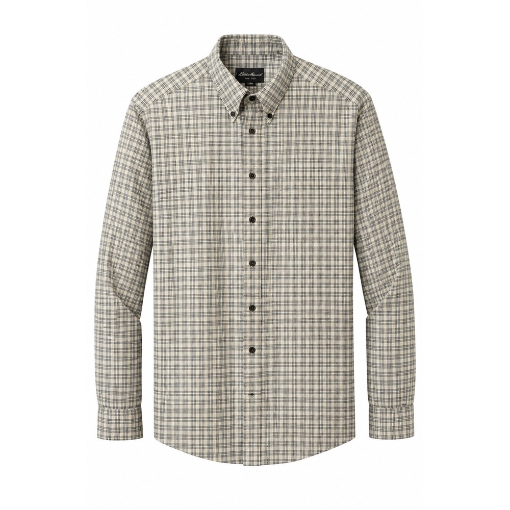 Eddie Bauer Mens Large Tall Plaid Button Down Shirt Cream Gray 100% Cotton LT